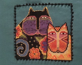 Teal Cats - finished cross stitch