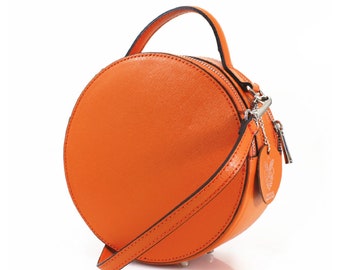 Ladies Women Circular / round shape Removable long crossbody strap Cow Leather small party grab bag