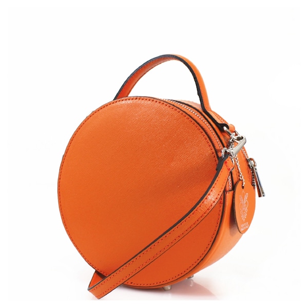 Ladies Women Circular / round shape Removable long crossbody strap Cow Leather small party grab bag