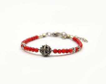 Croatian Filigree Bracelet, Red Pearl Beaded & Sibenik Button Pendant- Handmade Gift/Friendship, Traditional Jewelry, Unique Design, Elegant