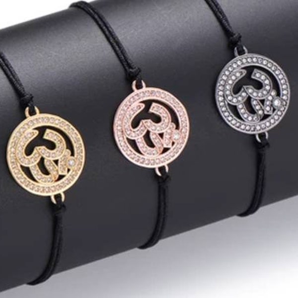 Om AUM handmade CZ Black string bracelets - rose gold, gold, black - hinduism bracelet, buddhist bracelet, rakhi bracelet, black thread