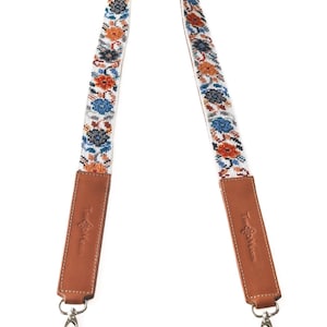 Mai Woven Bag Strap - Flowers Dark with Tan Leather, Shoulder Strap, Bag Purse Strap, Hand Embroidered Crossbody Strap for Women&#39;s Handbag