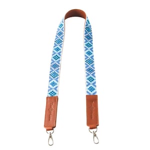 Mai Woven Bag Strap - Blue with Tan Leather, Shoulder Strap, Bag Purse Strap, Hand Embroidered Crossbody Strap for Women&#39;s Handbag