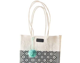 Tin Marin Woven Tote Bag: Black & White Handwoven Recycled Plastic Beach Bag