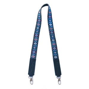Mai Woven Bag Strap - Blue & Pink with Black Leather, Shoulder Strap, Bag Purse Strap, Hand Embroidered Crossbody Strap for Women's Handbag