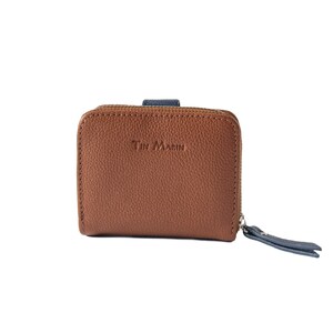 Cartera pequeña de cuero Camila - Marrón - Cartera plegable para mujer, piel de vaca genuina granulada, hecha a mano, monedero con cremallera