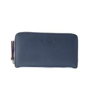 Camila Large Leather Wallet - Azul Marino - Cartera Continental para mujer, Cuero de guijarros de piel de vaca genuina, Hecho artesanalmente, con cremallera