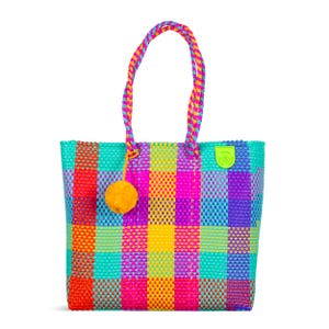 Fiesta Woven Einkaufstasche, recycelter Kunststoff, handgefertigt in Mexiko, umweltfreundliche und langlebige Markttasche, große Schultertasche, Strandtasche, Handwerkergeschenk