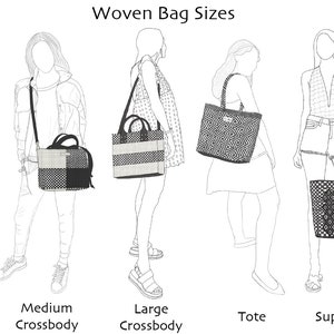 May include: Illustration of different woven bag sizes, including a clutch, small crossbody, medium crossbody, large crossbody, tote, super tote, and a bag with woven straps. The bags are shown on models wearing various outfits.