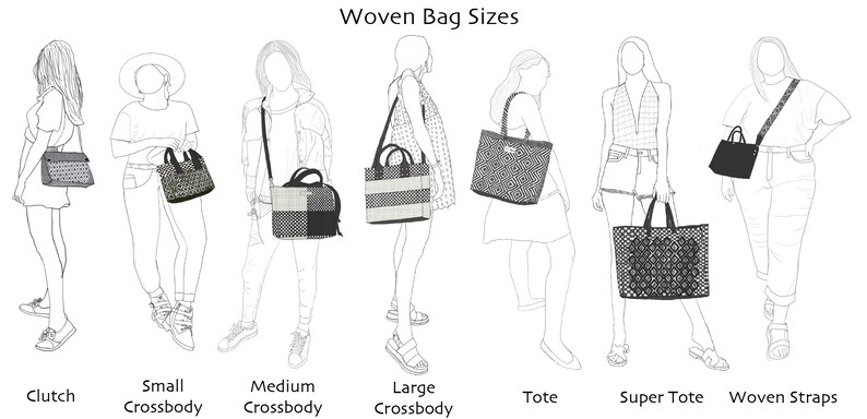 May include: Illustration of different woven bag sizes, including a clutch, small crossbody, medium crossbody, large crossbody, tote, super tote, and a bag with woven straps. The bags are shown on models wearing various outfits.