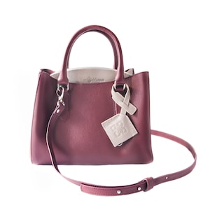 Emma Leder Umhängetasche - Weinrot mit Taupe, Kleine Umhängetasche aus Leder, Weinrote Ledertasche, Reißverschlusstasche, Handgemachte Ledertasche