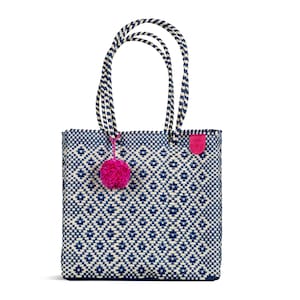 Mixte Woven Tote Bag: Blue & Beige Handwoven Recycled Plastic Beach Bag