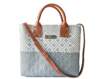 Bolso bandolera grande tejido en gris Tin Marin con piel / Bolso de viaje mexicano hecho a mano