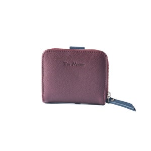 Camila Small Leather Wallet - Borgoña - Cartera bifold para mujer, cuero de vaca genuino de guijarros, hecho artesanalmente, bolsa de monedas con cremallera