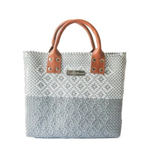 Tin Marin Gray Large Woven Crossbody Bag - Tan Leather Handles & Shoulder Strap, Handwoven Recycled Plastic Purse, Mexican Bag, Everyday Bag