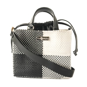 Lucy Medium Woven Crossbody Bag with Canvas Drawstring, Black Leather handles & wide strap, Oaxaca Bag, Recycled Plastic Bag, Handmade Purse