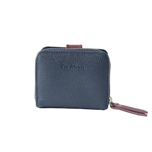 Camila Small Leather Wallet - Azul Marino - Cartera Bifold para mujeres, Cuero de guijarro de piel de vaca genuina, Hecho artesanalmente, Bolsa de monedas con cremallera