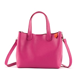 Emma Leather Crossbody - Hot Pink with Orange, Small Crossbody Leather Bag, Pink Leather Purse, Zipper Pouch, Handmade Leather Bag