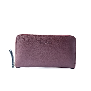 Camila Large Leather Wallet - Borgoña - Cartera continental para mujer, Cuero de guijarros de piel de vaca genuina, Hecho artesanalmente, con cremallera