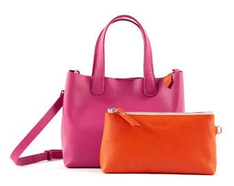 Emma Leather Crossbody - Hot Pink With Orange, Small