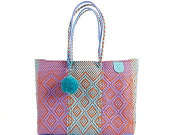 Sunset Super Beach Tote, Orange, Purple & Blue Oversized Tote, Handwoven Recycled Plastic Tote, Mexican Woven Bag, Beach Bag, Summer Bag