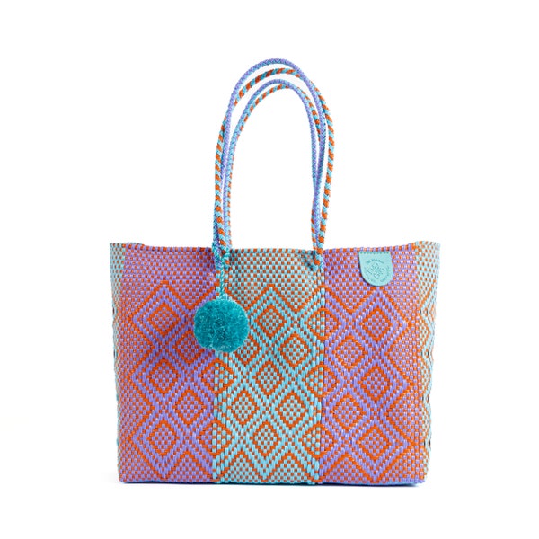 Sunset Super Beach Tote, Orange, Purple & Blue Oversized Tote, Handwoven Recycled Plastic Tote, Mexican Woven Bag, Beach Bag, Summer Bag