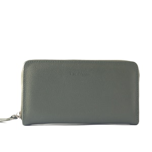 Camila Cartera de cuero grande - Verde - Cartera continental para mujer, Regalo para ella, Cuero genuino de guijarros de cuero de vaca, Hecho artesanalmente, Cremallera alrededor