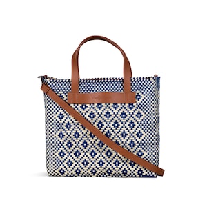 Mixte Large Woven Crossbody Bag - Tan Leather Handles & Shoulder Strap, Handwoven Recycled Plastic Purse, Mexican Summer Bag, Everyday Bag