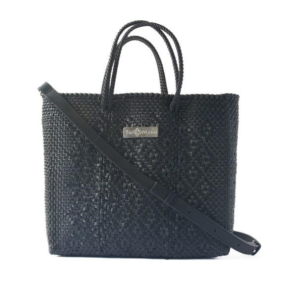 All Black Large Crossbody Bag Woven Bag With Leather Strap