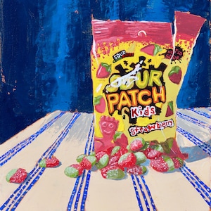 May include: A painting of a yellow Sour Patch Kids Strawberry candy bag with red and green candies spilling out onto a striped surface. The bag has red and yellow accents and the words "Sour Patch Kids" are visible.