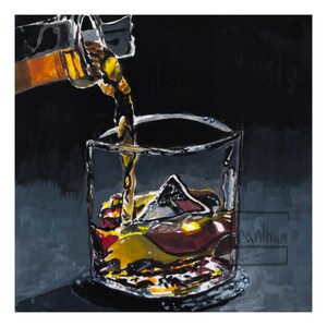 Akwarela gwasz whisky wlać malarstwo giclée Print 8x8