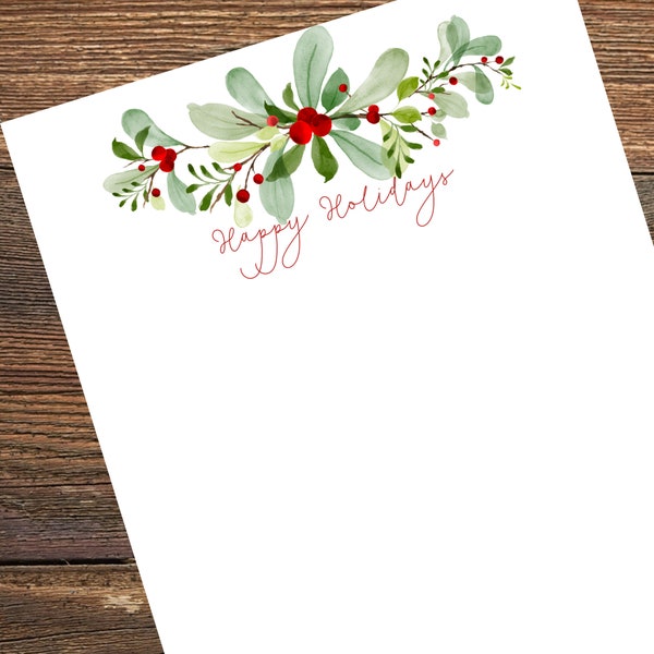 Printable Christmas Stationery Digital Download -  Instant Editable Happy Holidays Christmas Letter Paper Christmas Garland with Berries