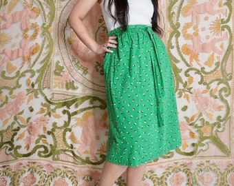 Vintage Green Cotton Midi Skirt, S