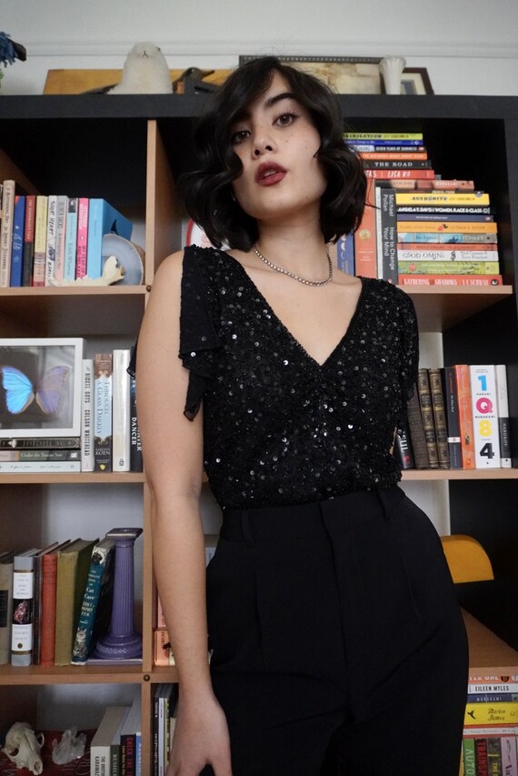 Vintage Beaded Silk Flutter Sleeve Top