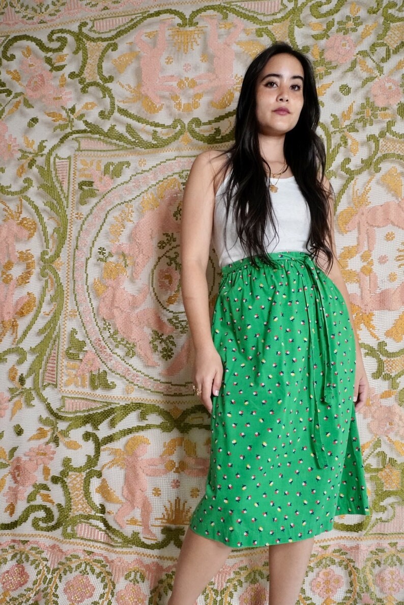 Green Cotton Midi Skirt, S