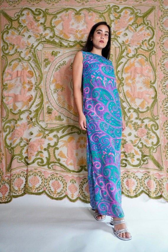 Vintage Paisley Silk Maxi Dress, S-M - image 1