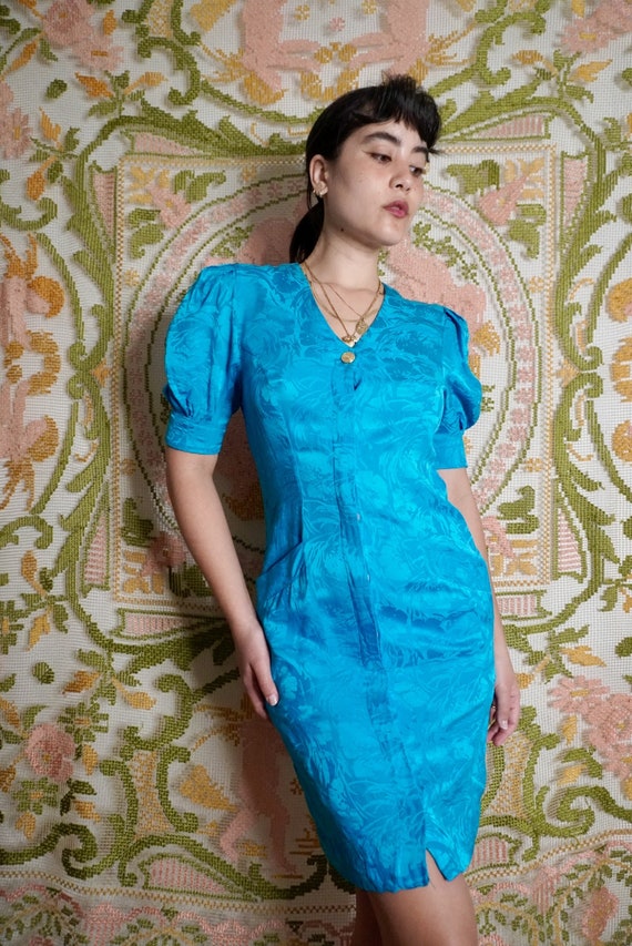 Vintage Aqua Silk Button Dress, S