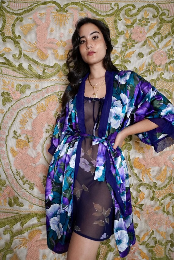 Vintage Purple Floral Robe, S-XL - image 6