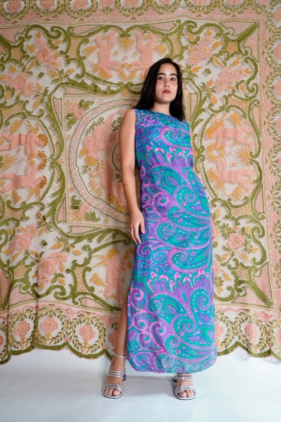 Vintage Paisley Silk Maxi Dress, S-M - image 2