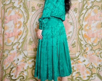 Vintage Emerald Silk Drop Waist Dress, M