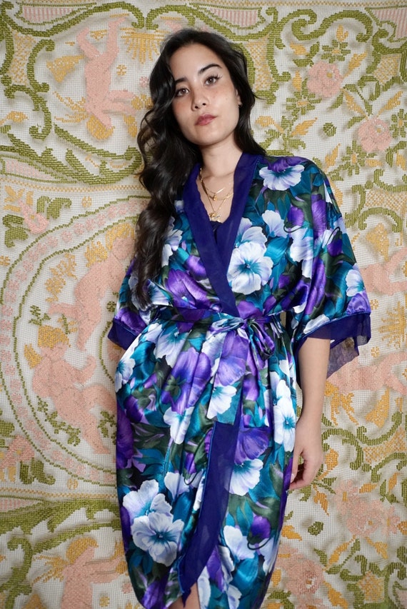 Vintage Purple Floral Robe, S-XL - image 1