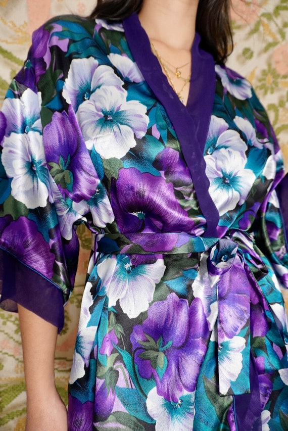 Vintage Purple Floral Robe, S-XL - image 3