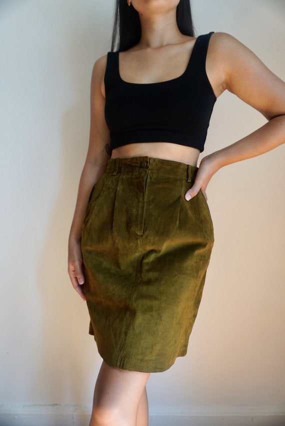 Vintage Olive Suede Midi Skirt, 27W