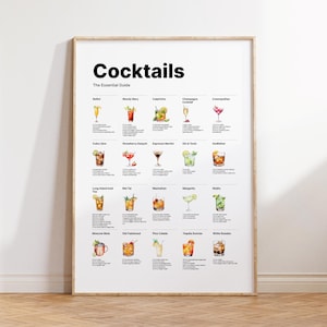 Guía esencial de cócteles Imprimir Cócteles Amante Regalo Cocina Cartel Estilo minimalista Guía imprimir Cócteles Cartel Bar Wall Art 20 Cócteles