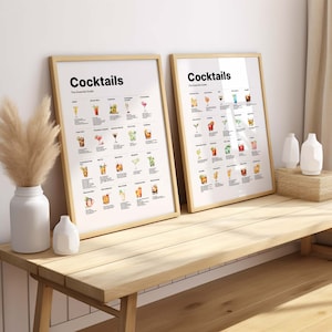 Guía esencial de cócteles para decoración de pared de 2 piezas, impresión para amantes de los cócteles, regalo para camareros, póster de cocina, póster de cócteles, decoración de bar, 40 cócteles en total