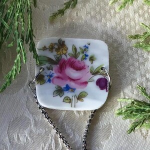 Vintage broken china pendant adjustable stainless steel bracelet.  A square antique porcelain pendant is a one of a kind fashion accessory.