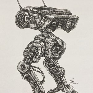 May include: Black and white ink drawing of a robot with a detailed stippled texture. The robot has a large head with two antennas and a single eye. It has four legs and a body with a complex design.
