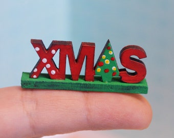 Dollhouse Miniature Christmas Sign Xmas Tree Handcrafted