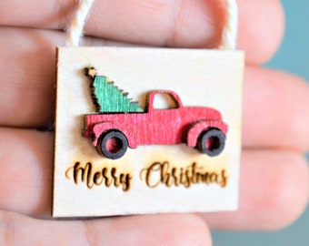 Dollhouse Miniature Christmas Sign, Red Truck And Christmas Tree, Wood Sign, Farmhouse Decor