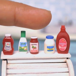 Dollhouse Miniature Mayonnaise, Ketchup, Strawberry Syrup, Jelly  & Dressing Bottles – 1:12 Scale  Mini Groceries for Mini Kitchen Scenes